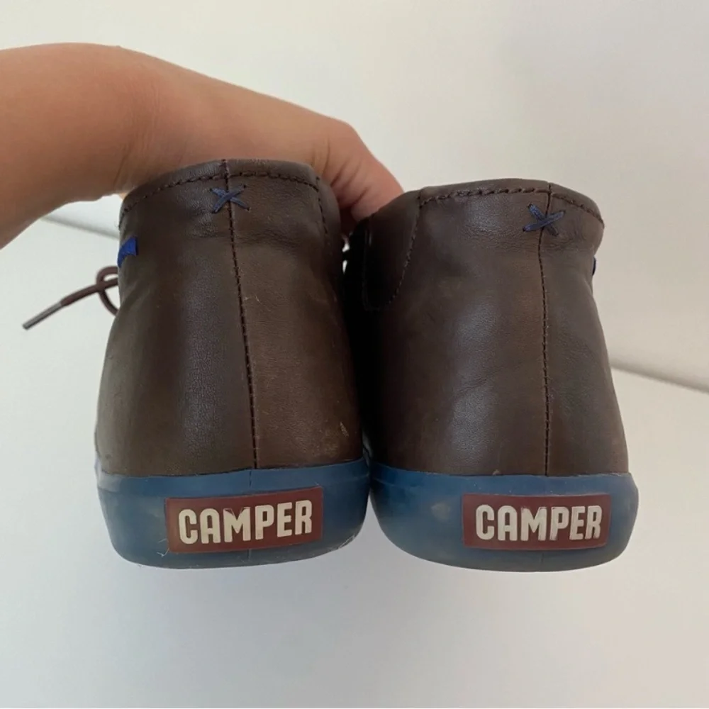 Camper Lace-up Chukka Boots in Brown Leather with Blue Soles, Size US 11, EUC